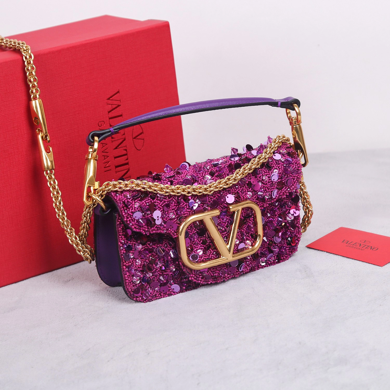 ヴァレンティノ「Valentino」ド アメジスト クリスタル レザートップハンドルバッグ