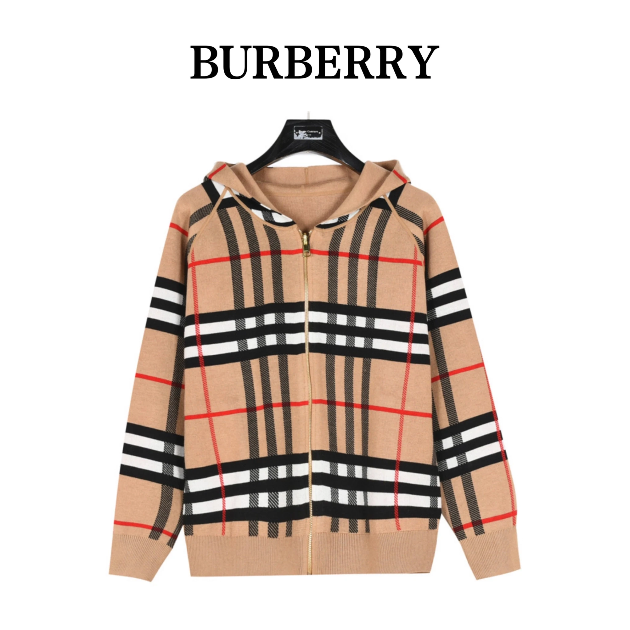 バーバリー「Burberry」 クラシックチェック柄両面着キャシュミアニットロングスリーブフード付きジャケット