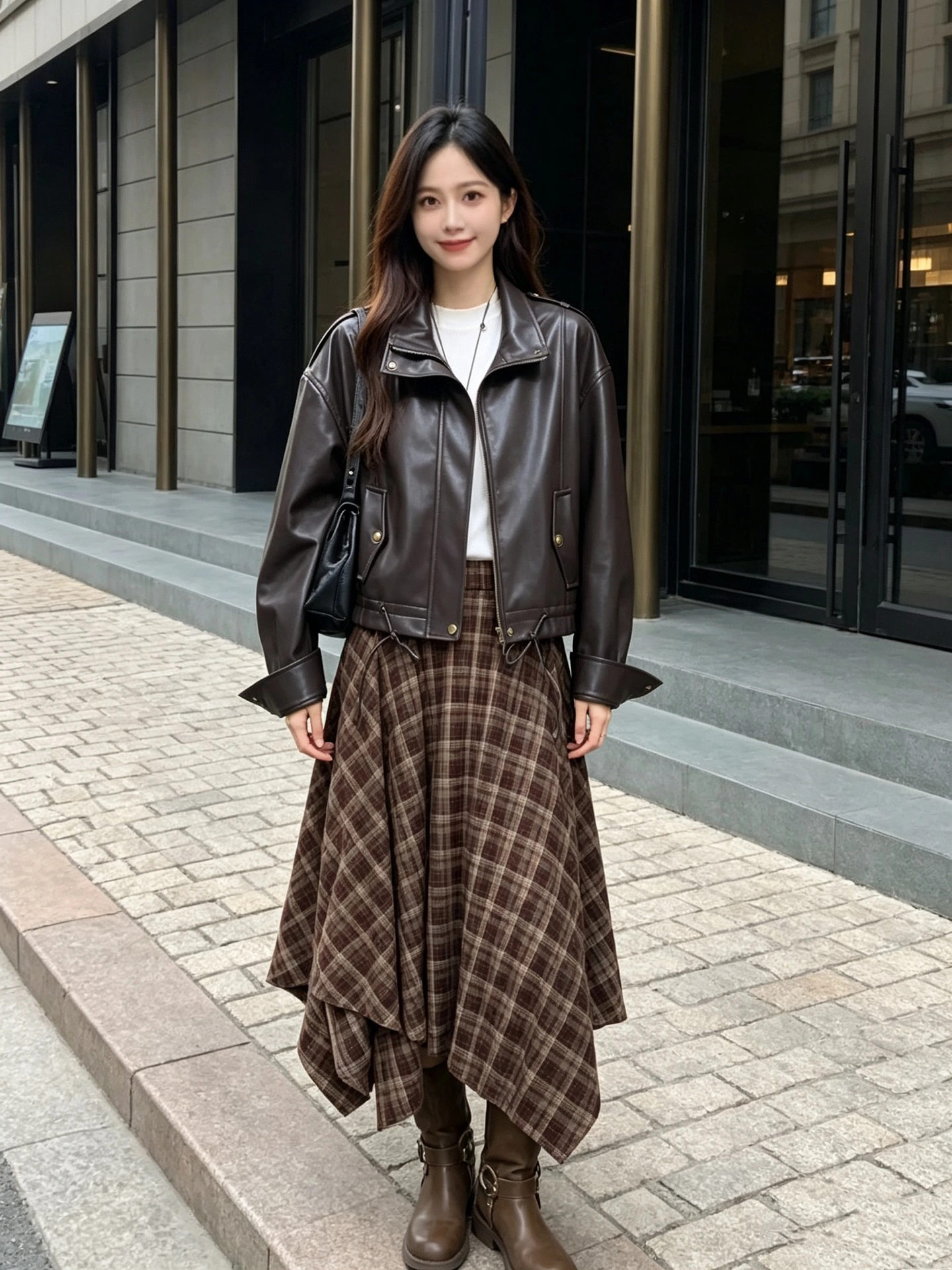 秋冬 チェック・ヴィンテージ風・クロップド丈・ハイウエスト・スタンドカラー レザージャケット。 素材:コットン・PUレザー。 実寸目安:M:胸囲110 / 肩幅51 / 袖丈51 / 着丈58 / ウエスト70 / スカート丈68