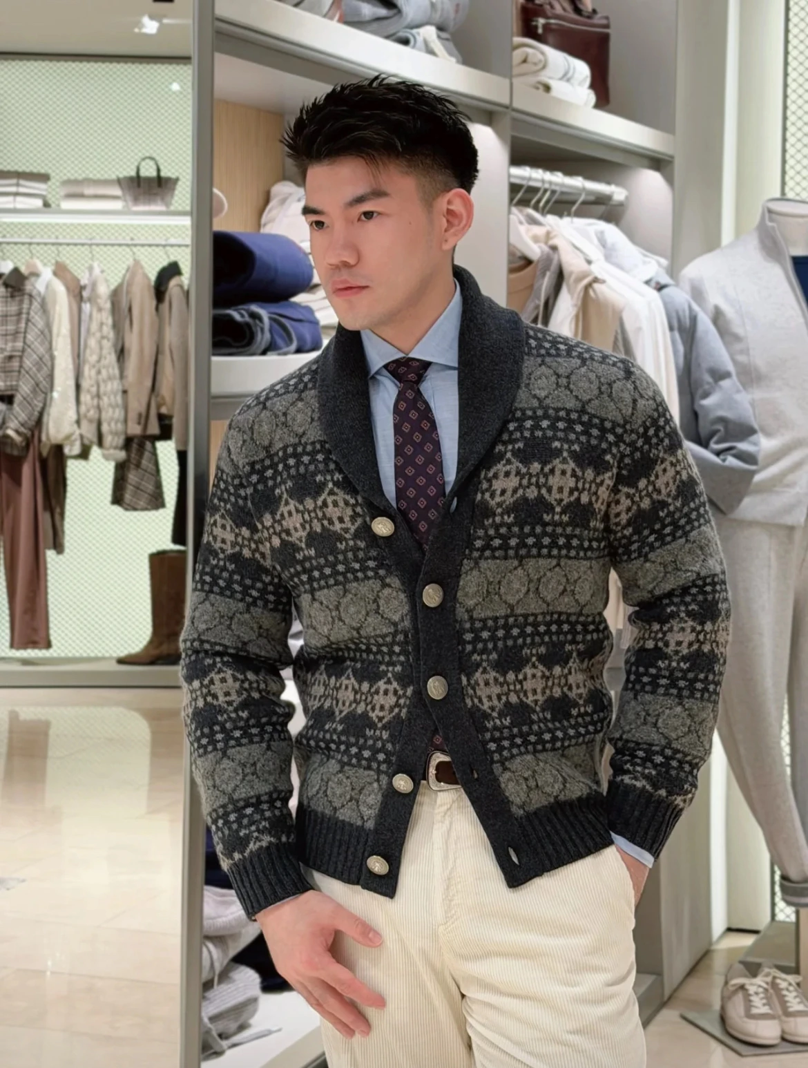 Brunello Cucinelli(ブルネロ クチネリ) ジャカード・襟付き・ボタン・ソフトな風合い・リブ カーディガン