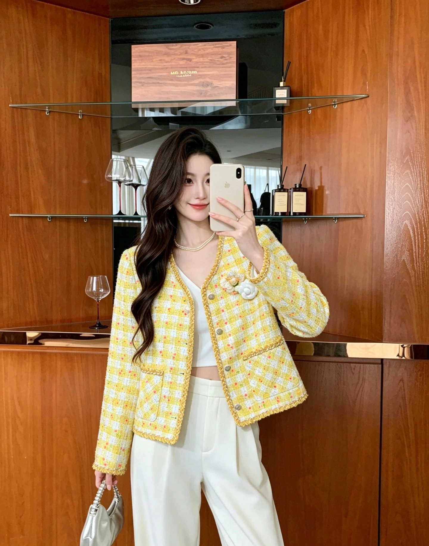 CHANEL(シャネル) チェック・クロップド丈・ハイウエスト・Vネック・フリンジ アウター。 実寸目安:M:胸囲92 / 肩幅35 / 袖丈58 / 着丈56