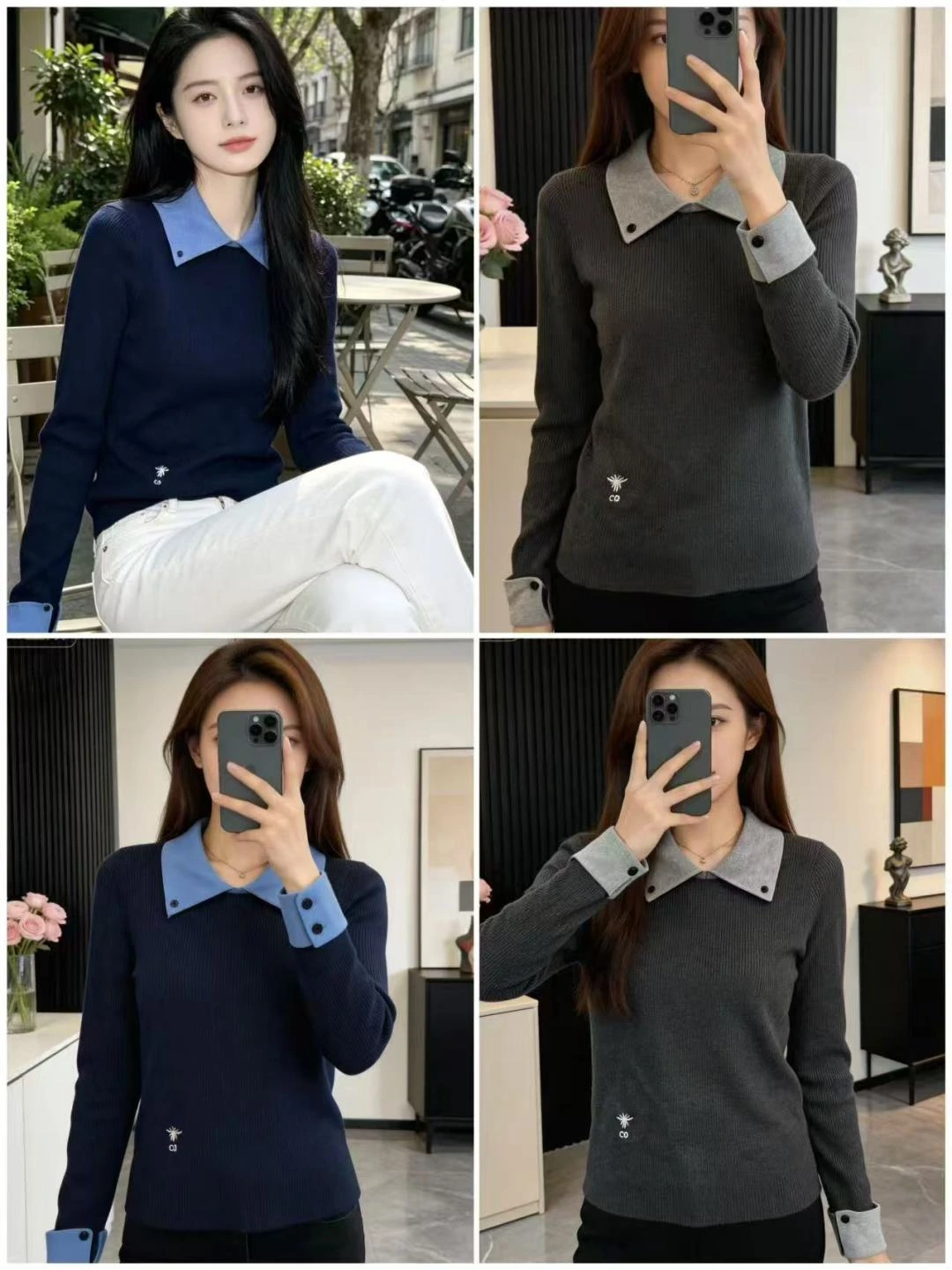 Dior（ディオール） 初秋 コントラスト配色・襟付き 長袖ニット。 カラー：ロイヤルブルー / グレー。 サイズ：36 / 38 / 40