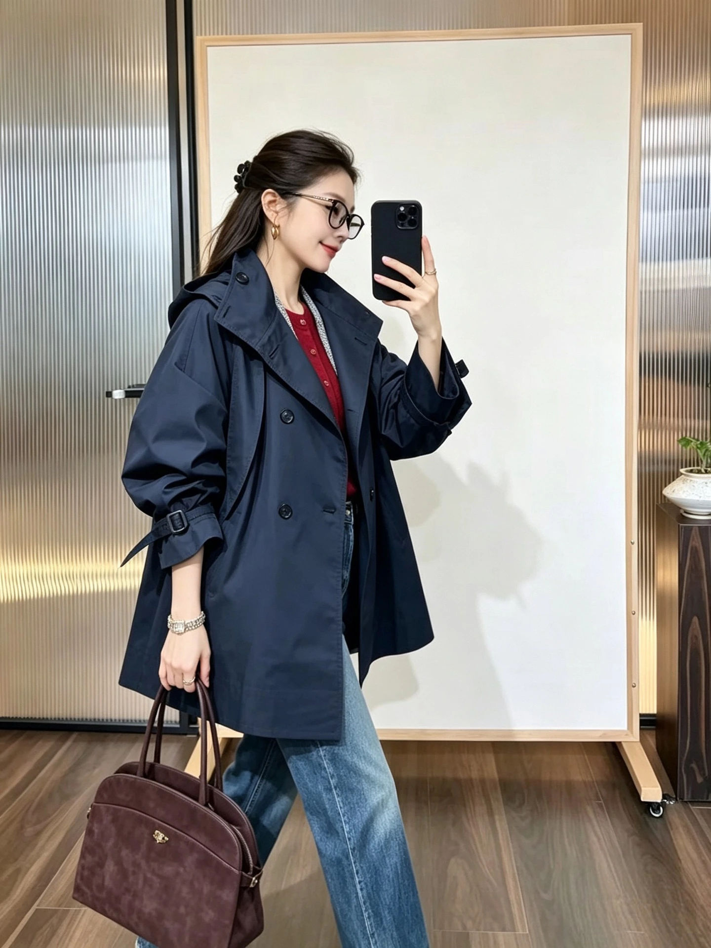 ダブルブレスト・ロング丈・スタンドカラー・襟付き・調節可能 トレンチコート。 実寸目安:S:胸囲134 / 肩幅44 / 袖丈50 / 着丈80