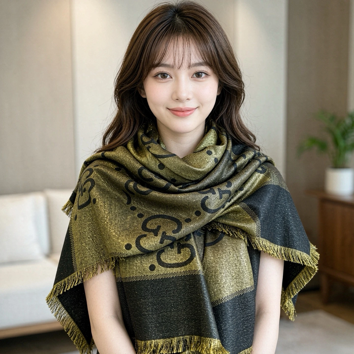 卸 。GUCCI(グッチ) ショール。素材:ビスコース32%・ウール24%・シルク11%。カラー:ホワイト。仕様:ジャカード・フリンジ・刺繍。サイズ:135×135cm。首元や肩掛けなど幅広いスタイリングに使いやすいデザインです