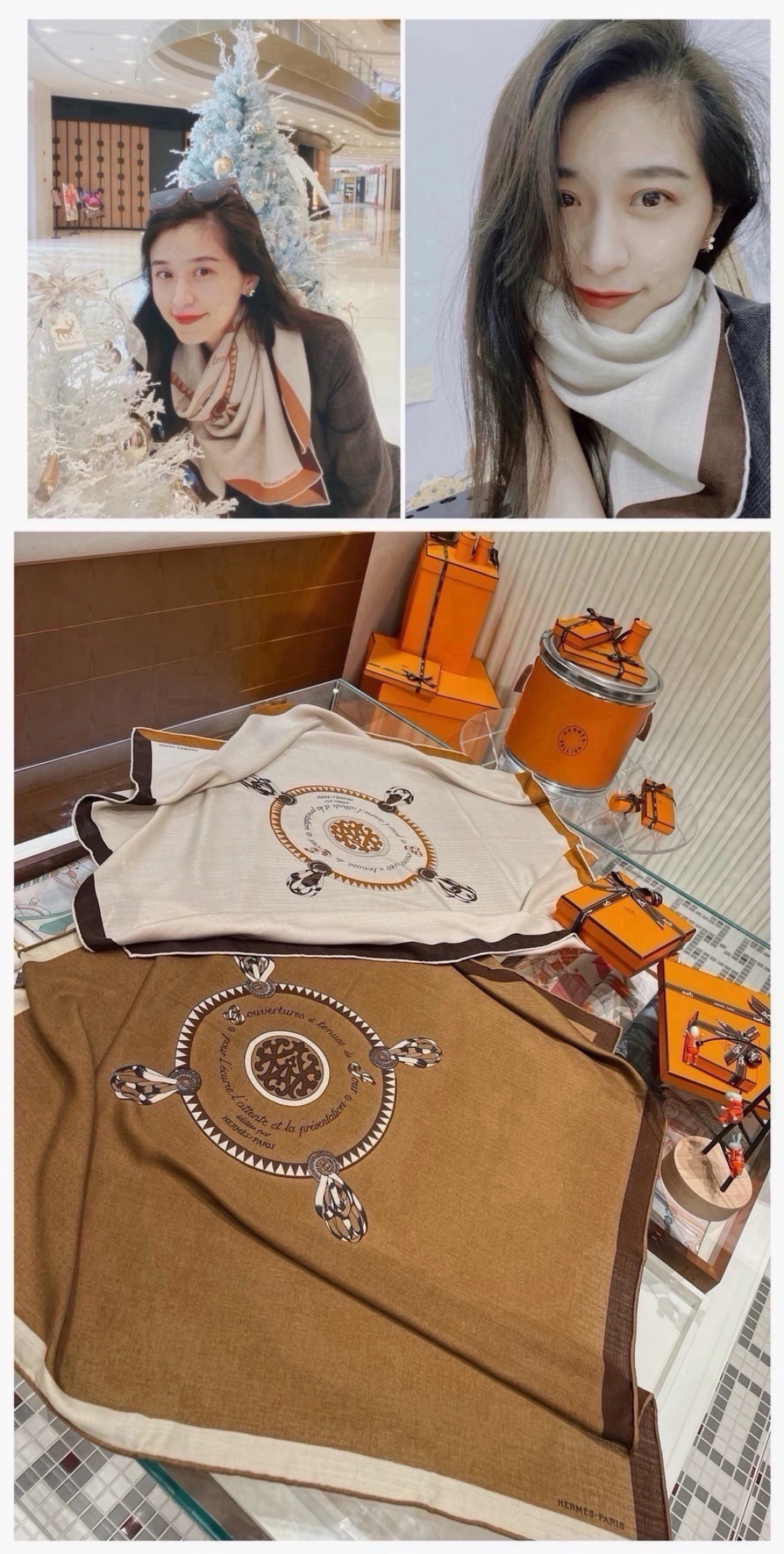 卸 。HERMÈS(エルメス) スクエアスカーフ。素材:シルク・カシミヤ。サイズ:140×140cm。ポイント:新作。首元や肩掛けなど幅広いスタイリングに使いやすいデザインです