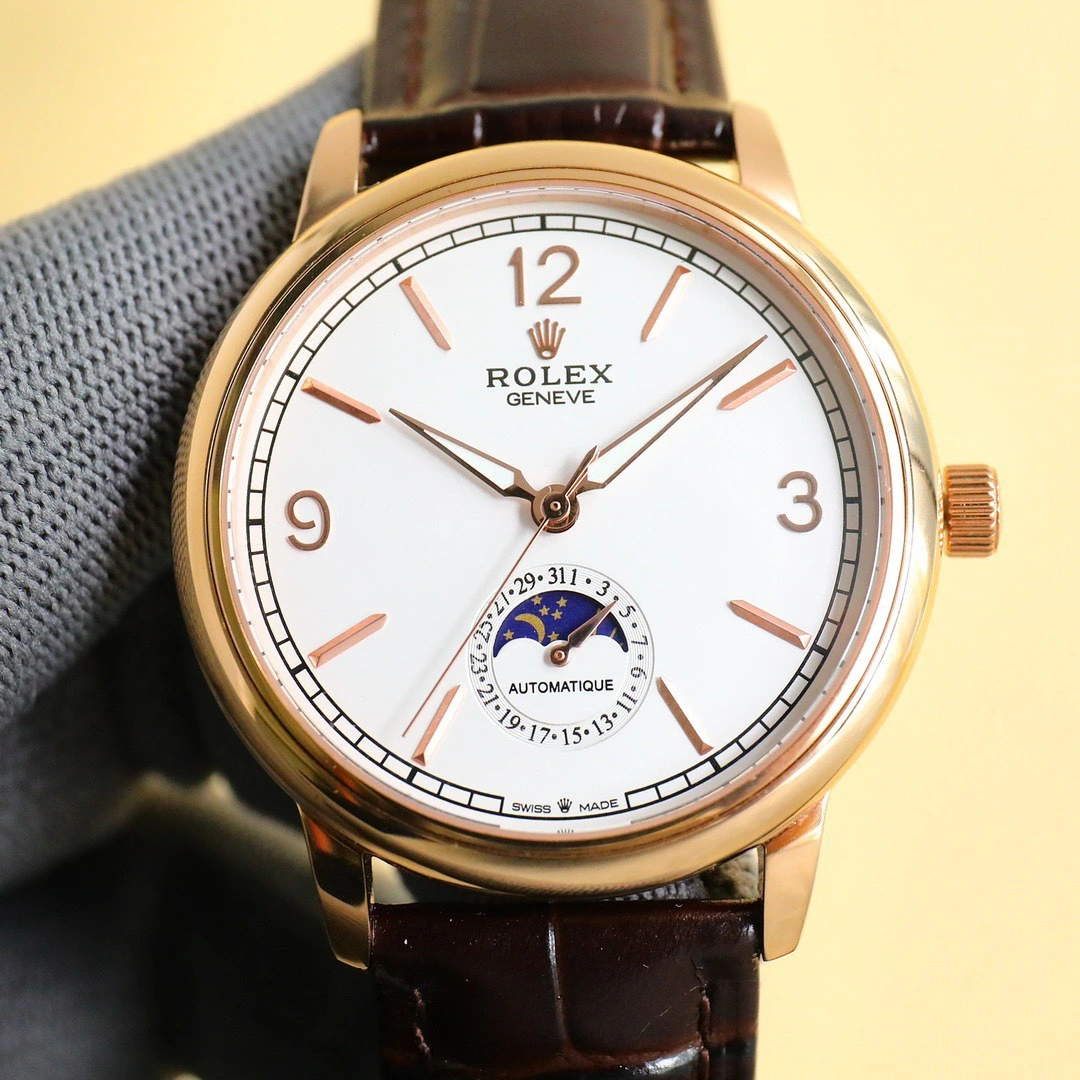 シルバー 1100 / ゴールド 1150 TW Rolex（ロレックス） チェリーニ。ハイグレード仕様、メンズ、316ステンレススチール、サファイアクリスタル、イタリアンカーフレザー、ムーブメント 2824-2/ETA2824-2、防水仕様、ムーンフェイズ、日付表示