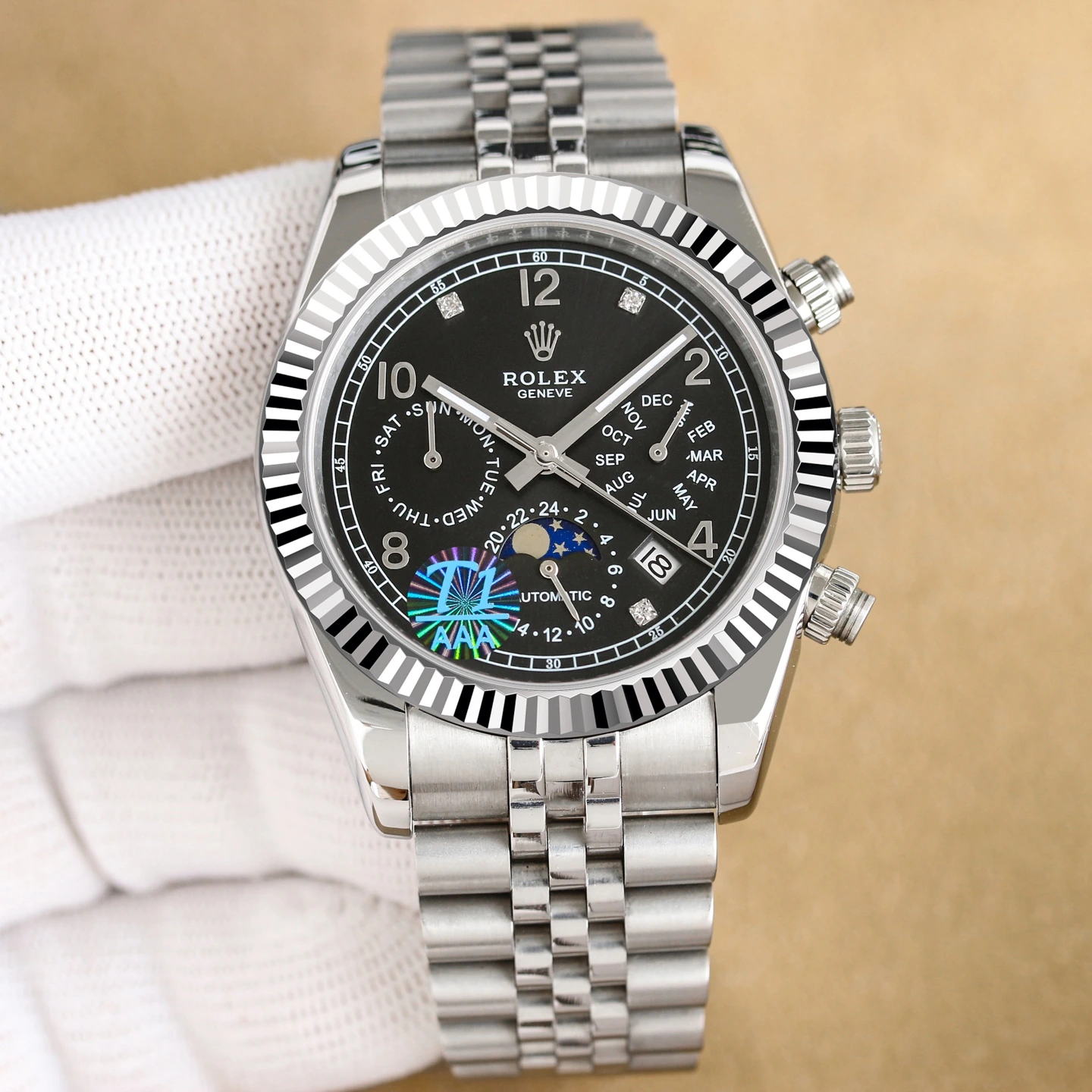 シルバー 1550 / ゴールド 1600 Rolex(ロレックス) デイトジャスト。ハイグレード仕様、メンズ、サファイアクリスタル、ステンレスブレスレット、機械式・ムーブメント 9100、サイズ 41mm、ムーンフェイズ、曜日表示、月表示、日付表示、シースルーバック