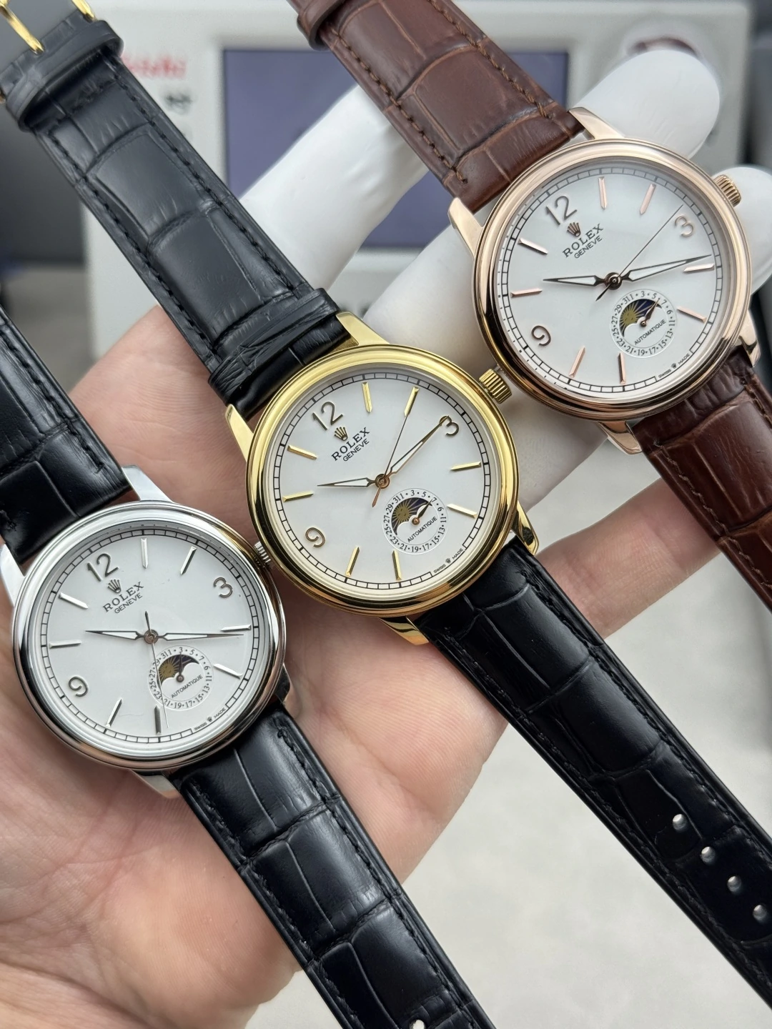 Rolex(ロレックス) チェリーニ。メンズ、316ステンレススチール、サファイアクリスタル、イタリアンカーフレザー、ムーブメント 2824-2/ETA2824-2、防水仕様、ムーンフェイズ、日付表示