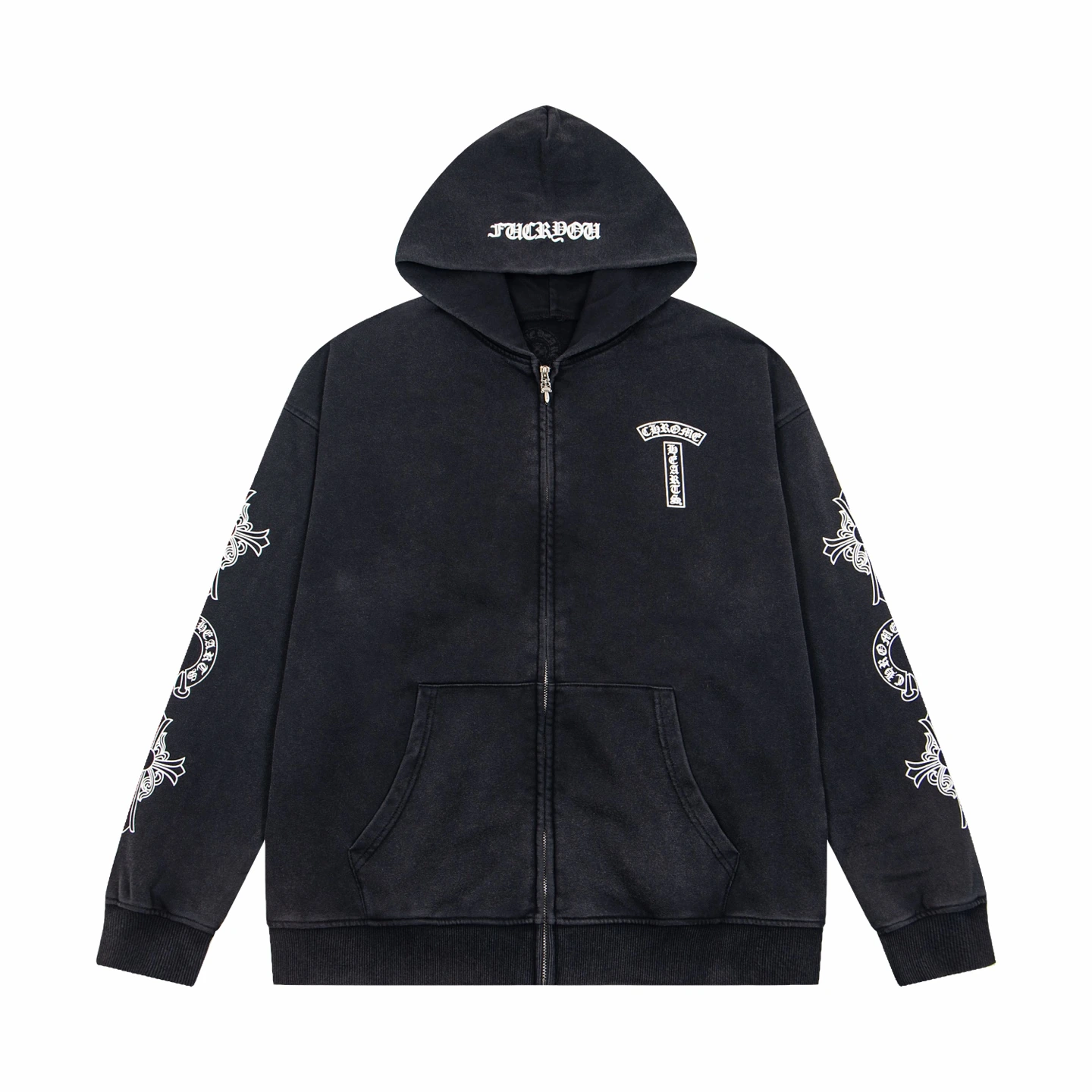 Chrome Hearts(クロムハーツ) フーディー。素材:コットン。仕様:プリント・ウォッシュ加工・ジップ。サイズ:S/M/L。ポイント:在庫あり