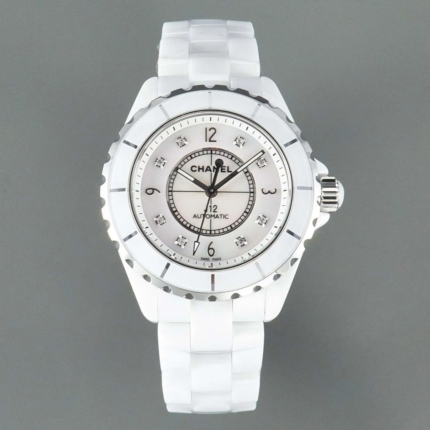 J12 Automatic White Ceramic Black Diamond Numerals Mop Dial