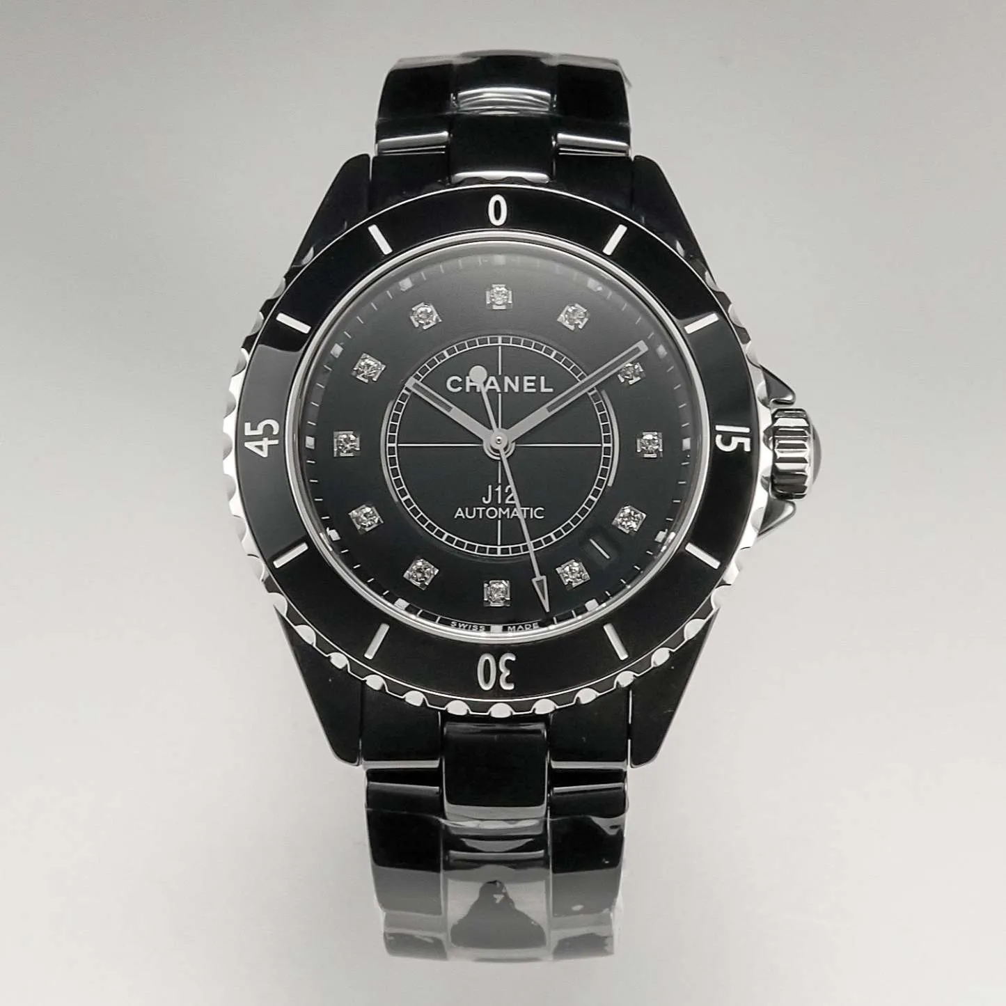 J12 Date Automatic Black Ceramic Diamond Numerals Black Dial Black Steel Hands