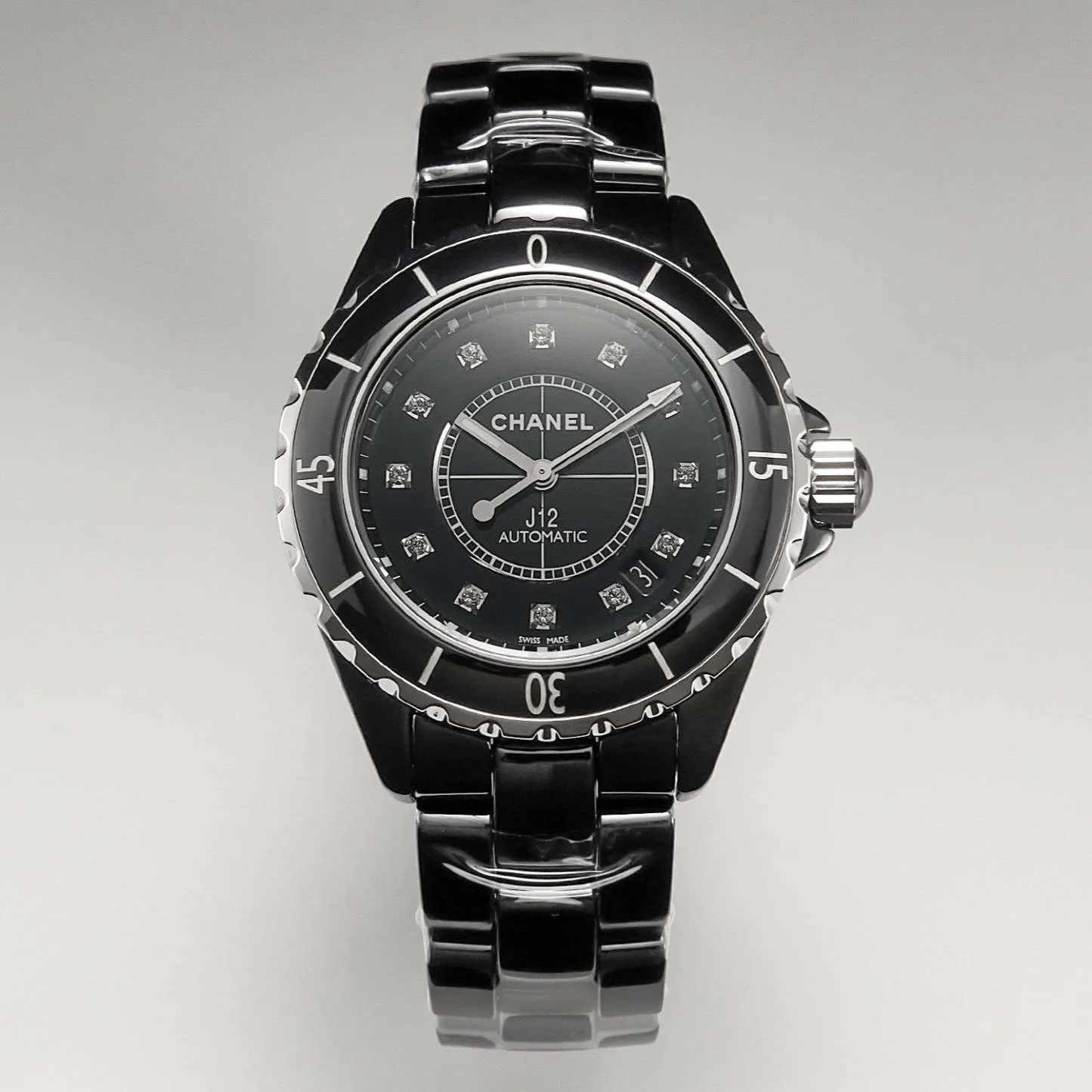 J12 Date Automatic Black Ceramic Diamond Numerals Black Dial White Steel Hands