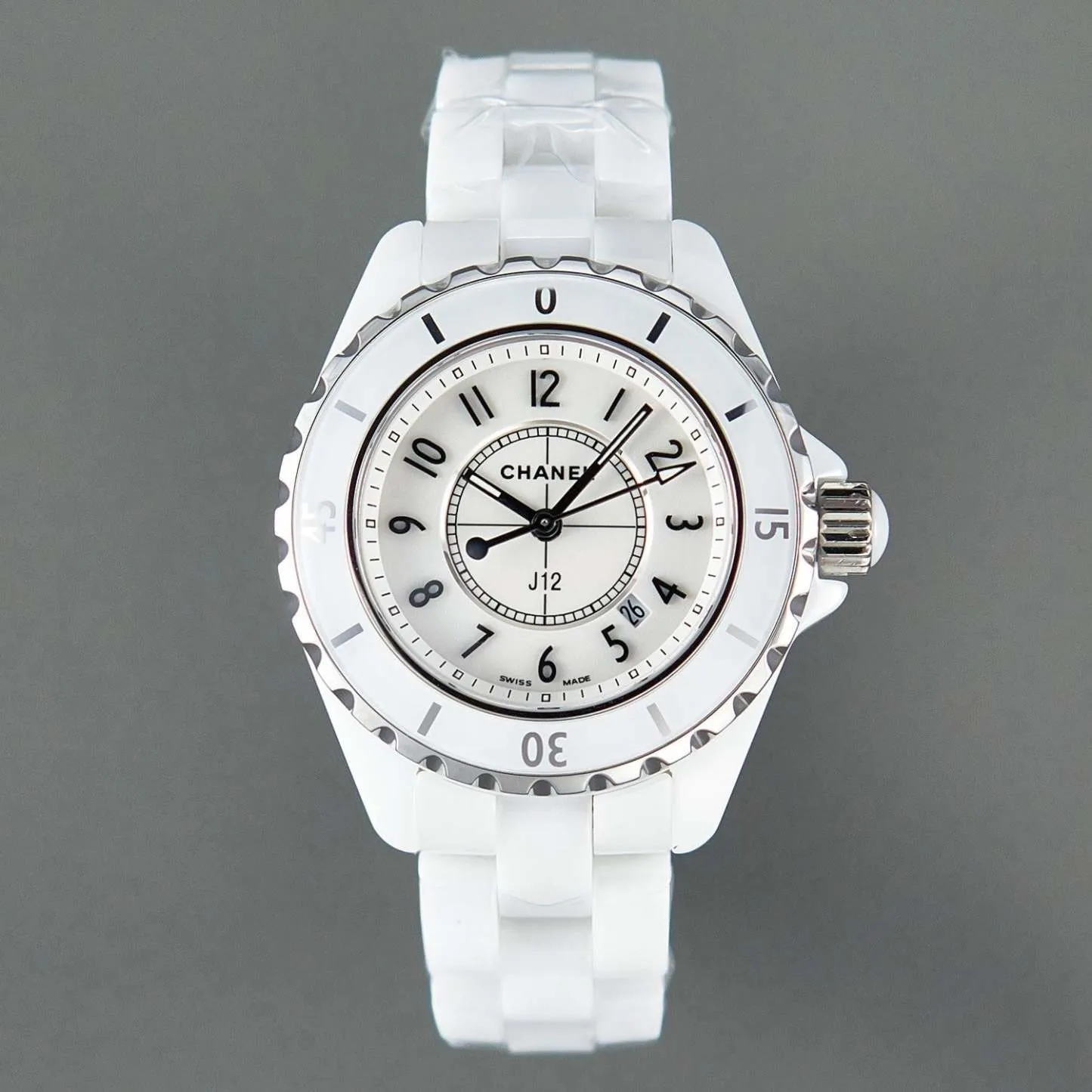 J12 Date Quartz White Ceramic Black Numerals White Dial