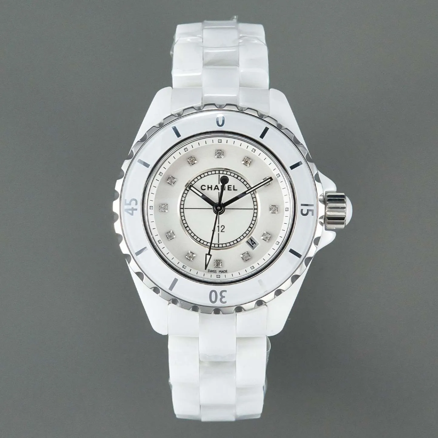 J12 Date Quartz White Ceramic Diamond Numerals White Dial