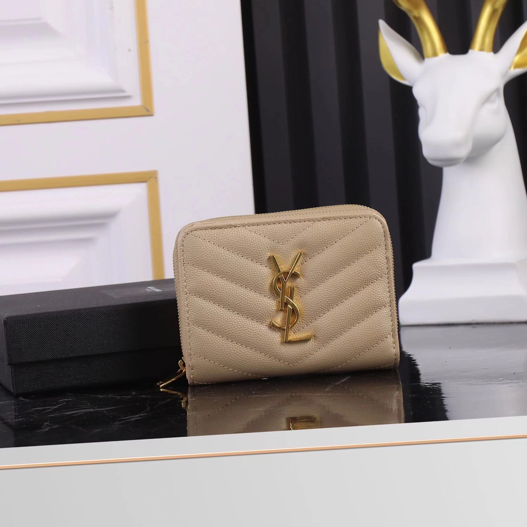 サンローラン「Saint Laurent」モノグラム コンパクト ジップアラウンド ウォレット(グレイン ド プードル エンボスレザー)