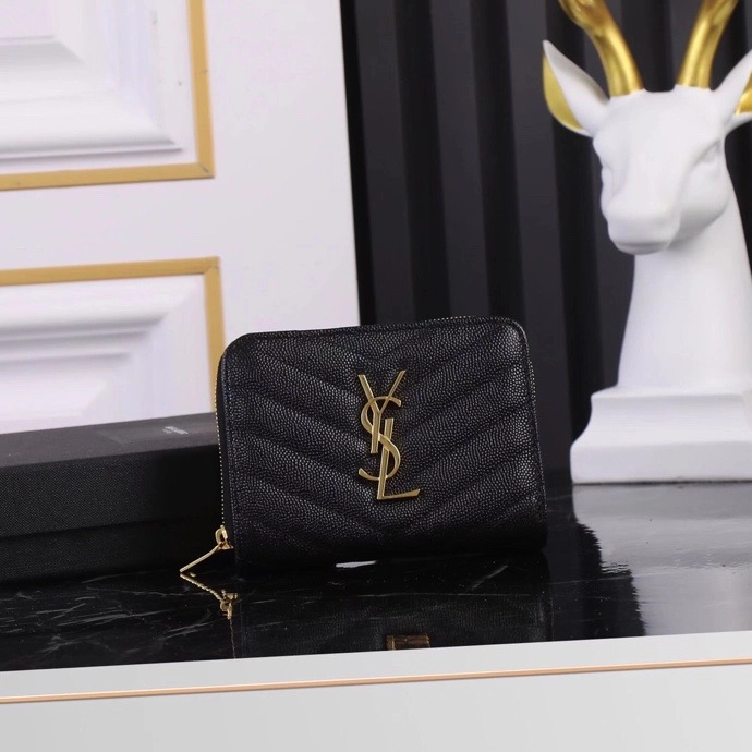 サンローラン「Saint Laurent」モノグラム コンパクト ジップアラウンド ウォレット(グレイン ド プードル エンボスレザー)