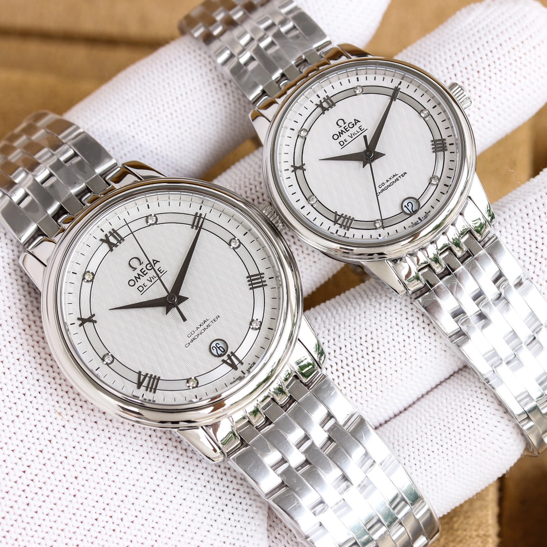 オメガ「Omega」デビル プレステージ カップルウォッチ メンズ39.5MM&レディース32.7MM スチール&レザーストラップ