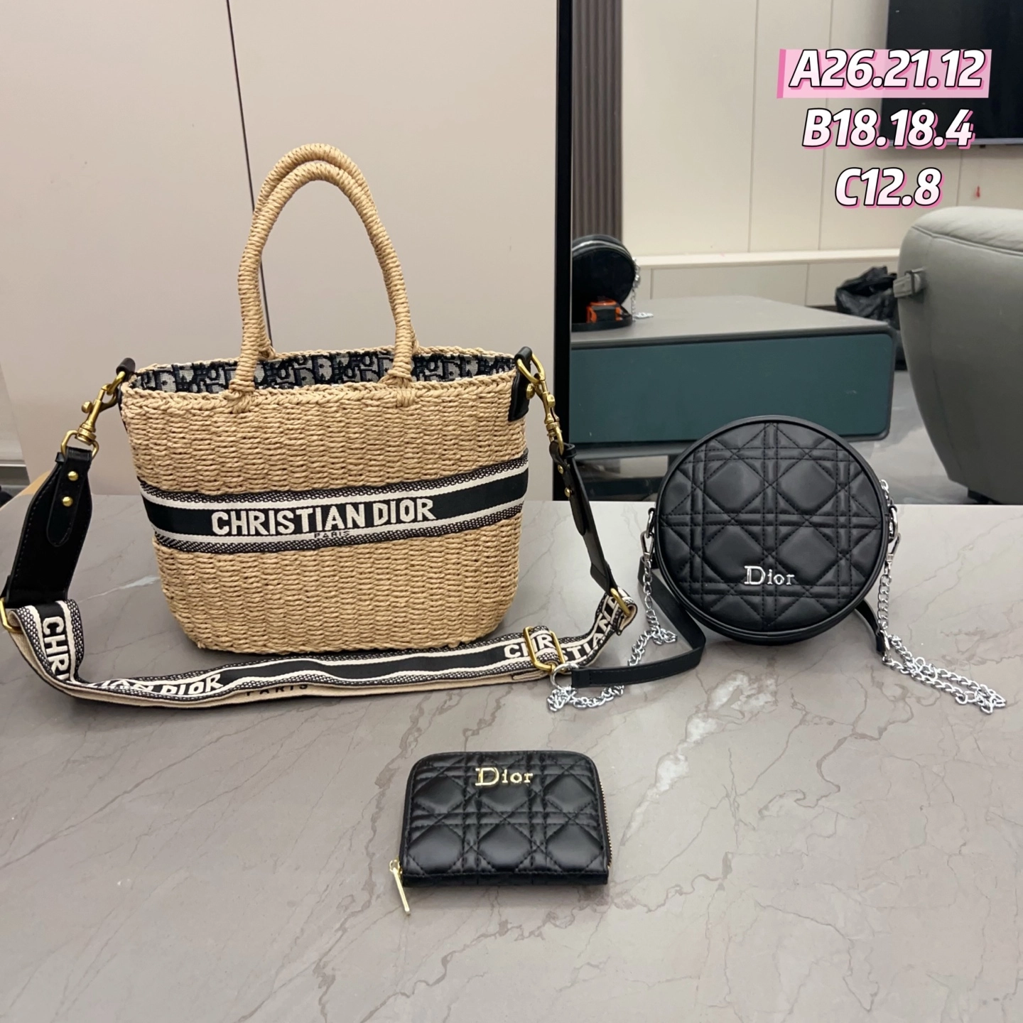 「クリスチャン・ディオール」Christian Dior ラフィアトートバッグ+ラウンドポーチ+財布 3 点セット 限定セール 大人気販売中