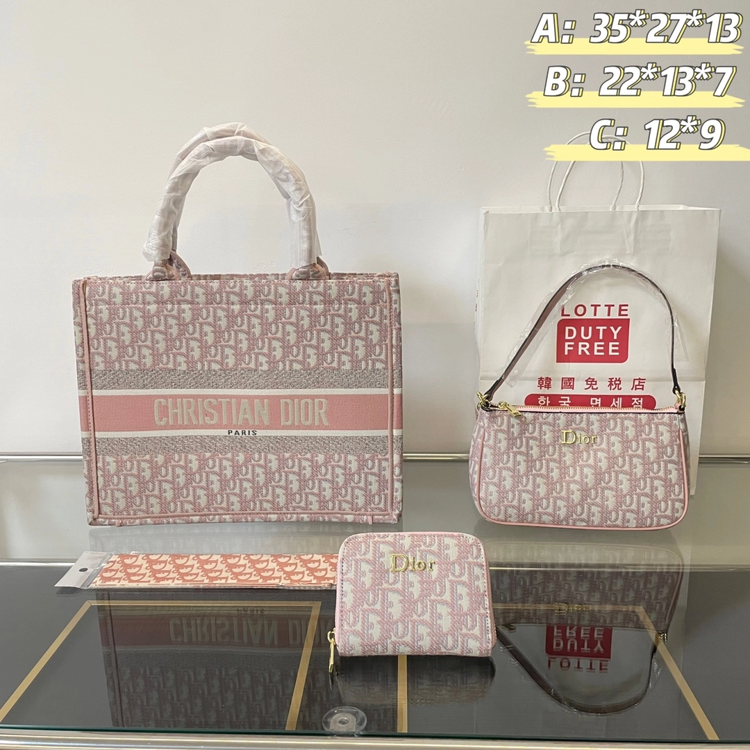 「ディオール」DIOR オブリーク ピンク トートバッグ+ハンドバッグ+コインケース 3 点セット 限定セール 大人気販売中