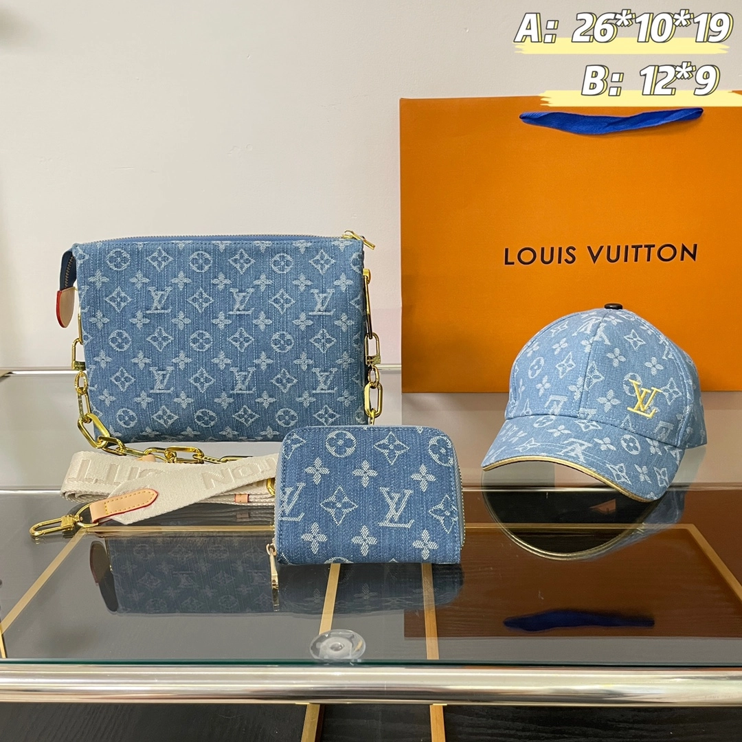 「ルイ・ヴィトン」Louis Vuitton デニムバッグ+財布+キャップ 3 点セット 限定セール 大人気販売中