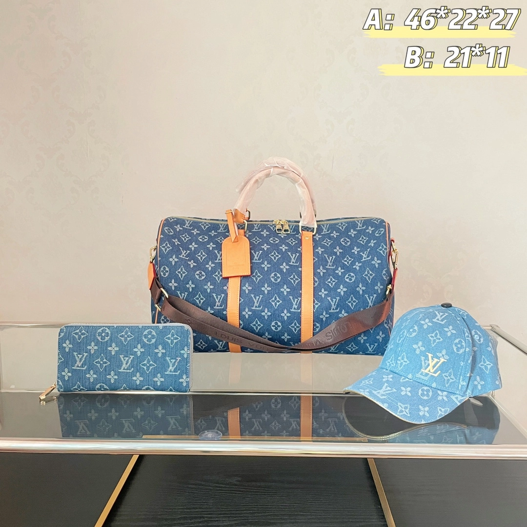 「ルイ・ヴィトン」Louis Vuitton デニムボストンバッグ+長財布+キャップ 3 点セット 限定セール 大人気販売中